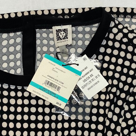 Anne Klein Short Sleeve Collarless Button Back Polka Dot Shirt Black White 0 NWT - Picture 10 of 11